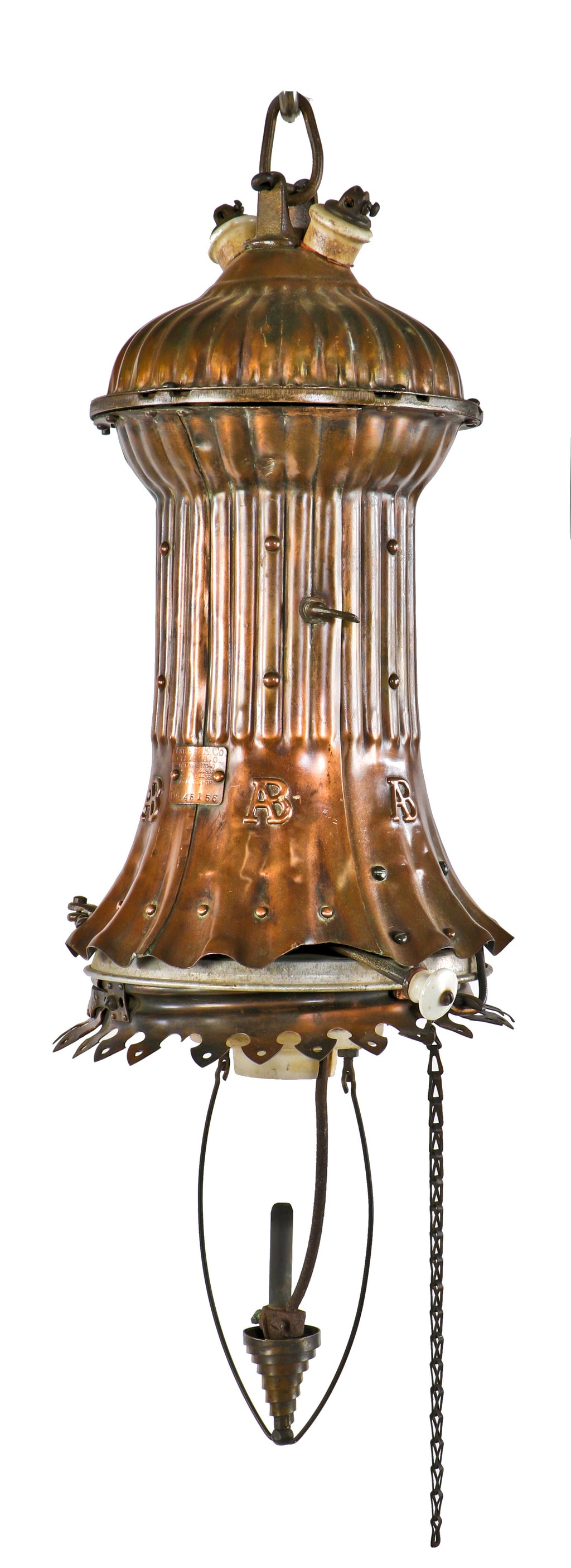 exceptionally hard to find and all original nicely aged "a-b" interior antique american industrial early 20th century hanging copper art lamp designed by thomas e. adams