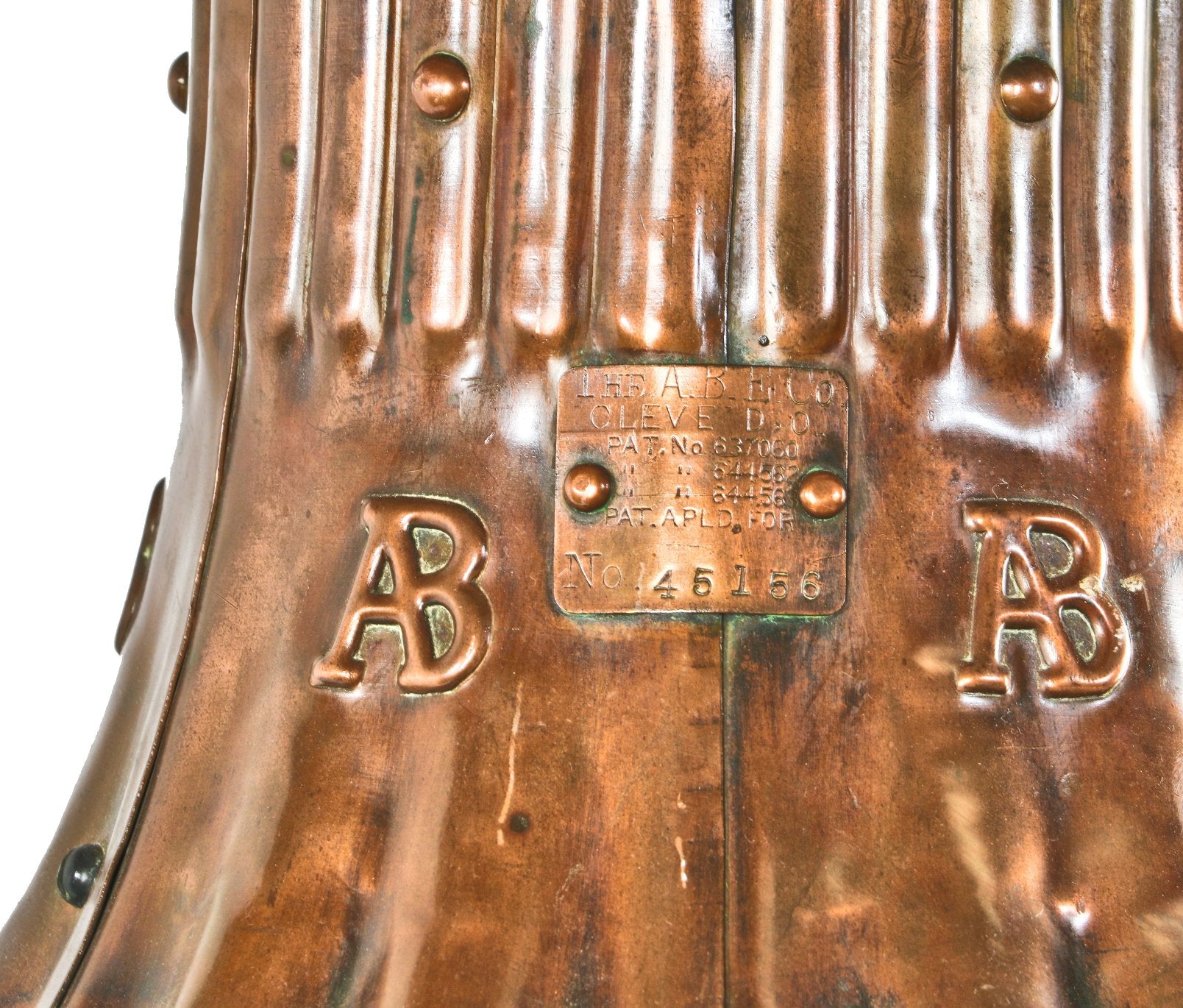 exceptionally hard to find and all original nicely aged "a-b" interior antique american industrial early 20th century hanging copper art lamp designed by thomas e. adams