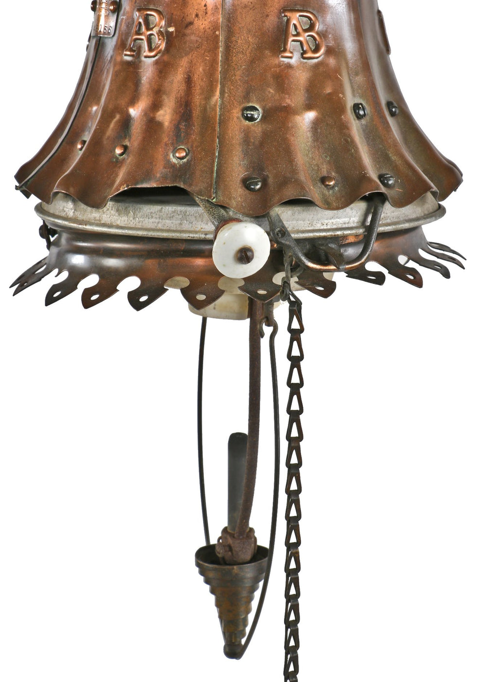 exceptionally hard to find and all original nicely aged "a-b" interior antique american industrial early 20th century hanging copper art lamp designed by thomas e. adams
