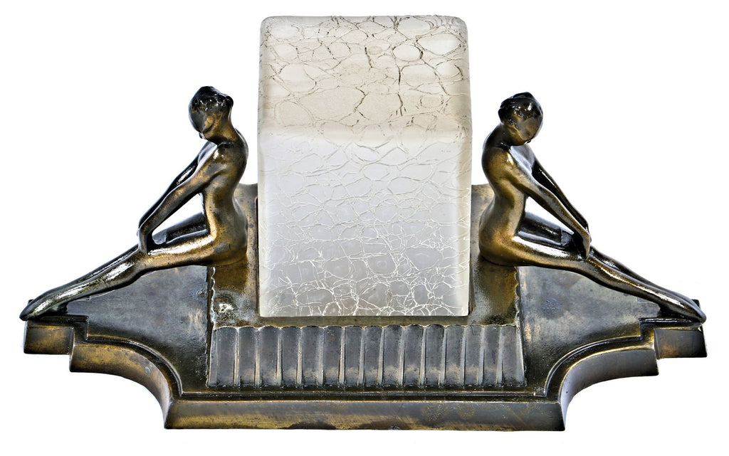 stunning all original and highly sought after american art deco style depression era frankart "l254" electric cube lamp with intact crackle glass shade