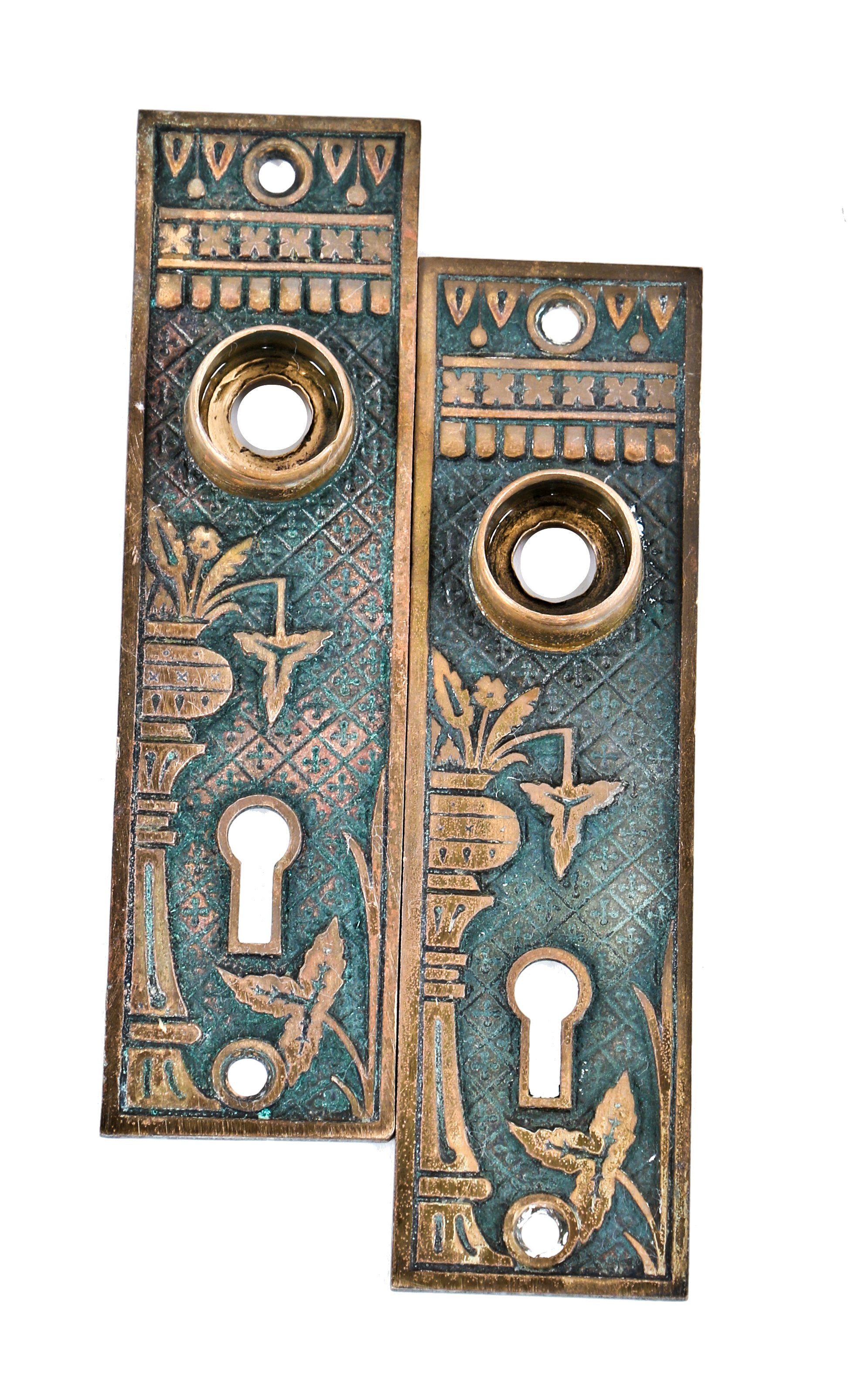 original c. 1880's antique american eastlake style "broken leaf" cast brass interior residential doorknob escutcheons with nicely aged surface patina