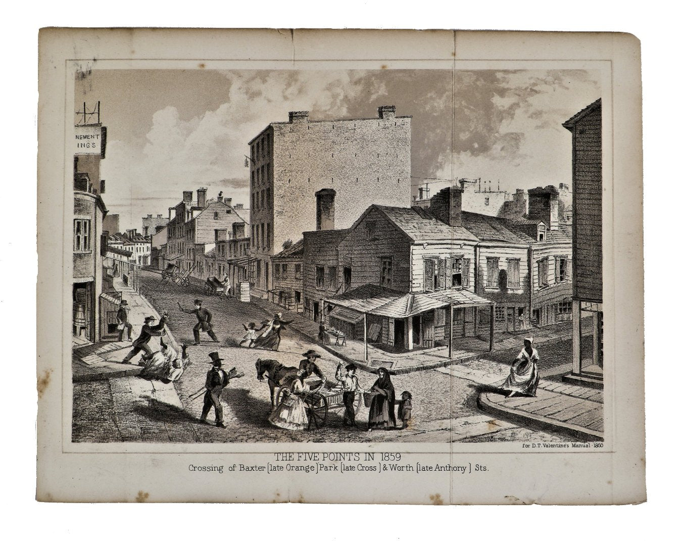hard to find antique original mid-nineteenth century black and white lithograph fold out print illustrating a street level view of new york city's "five points" for cartographer d.t. valentine's annual publication on the city