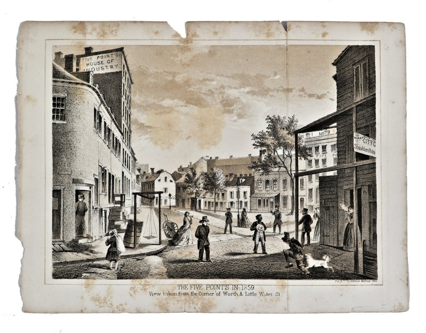 hard to find antique original mid-nineteenth century black and white lithograph fold out print illustrating a street level view of new york city's "five points" for cartographer d.t. valentine's annual publication on the city