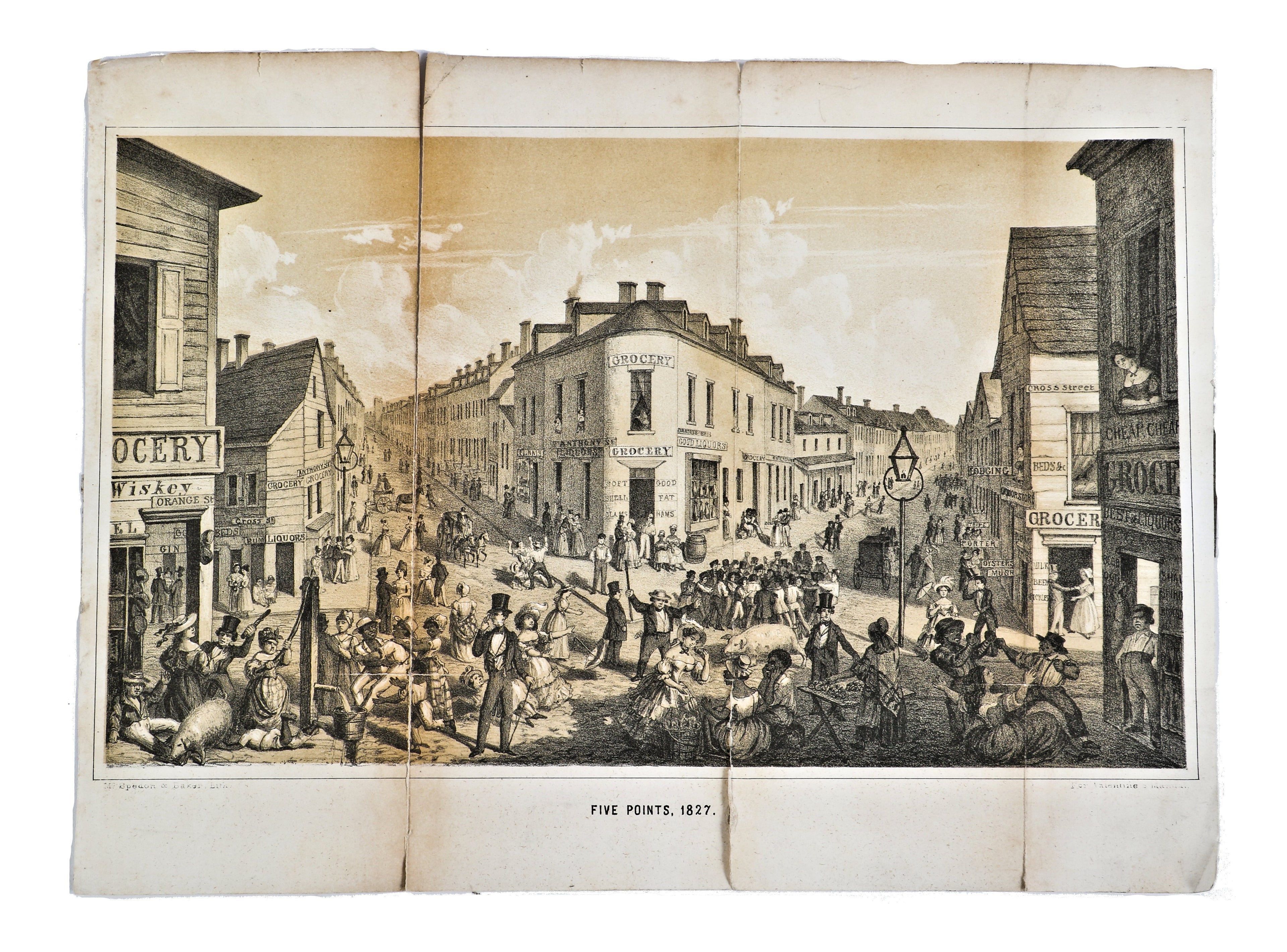 hard to find antique original mid-nineteenth century black and white lithograph fold out print illustrating a street level view of new york city's "five points" for cartographer d.t. valentine's 1860 manual on the city