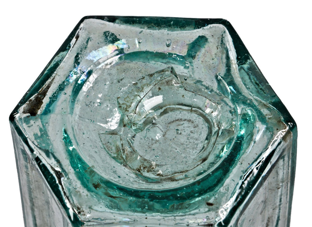 highly sought after all original mid-nineteenth century antique american aqua-coolored glass gothic style pepper sauce bottle with open-pontiled base