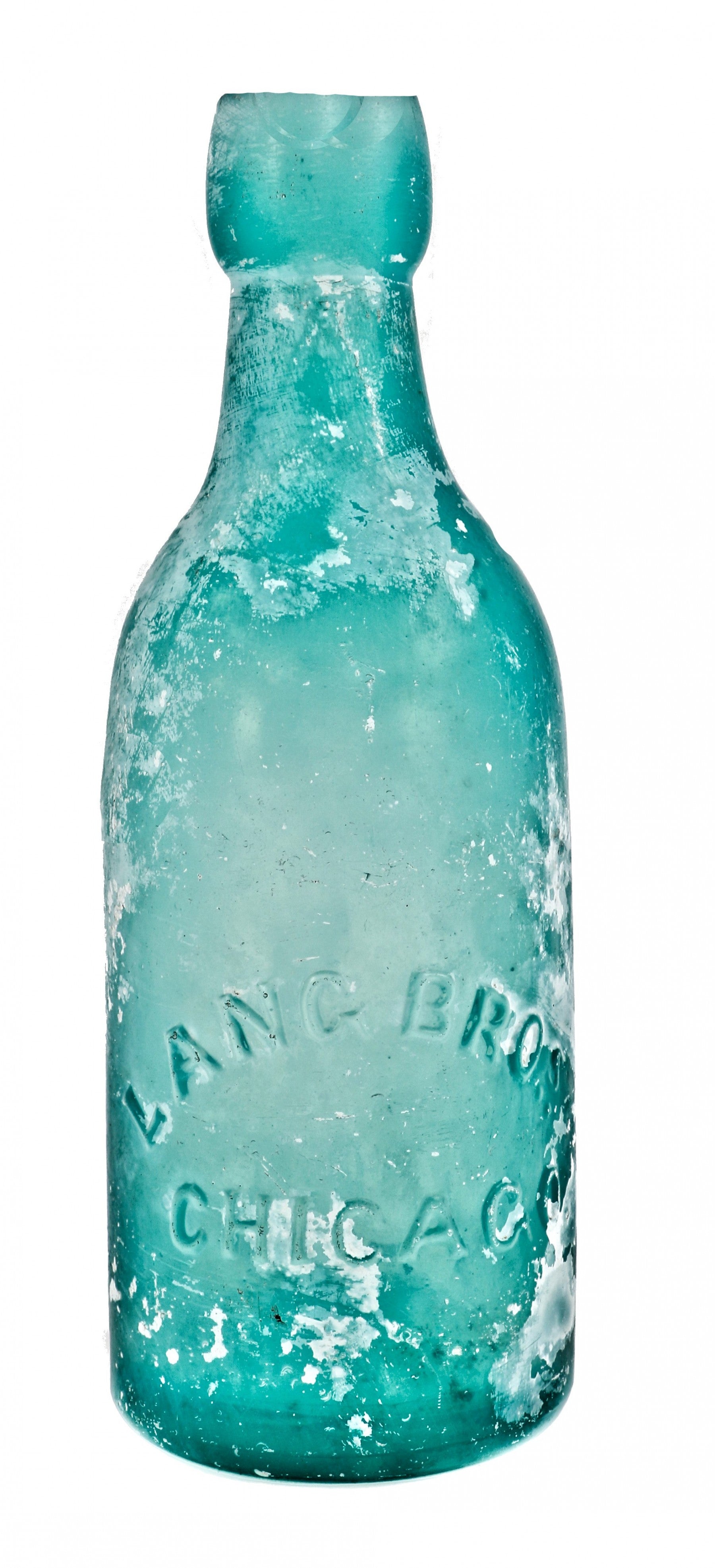 original c. 1860's or 1870's chicago privy dug aqua blue pony style glass soda bottle with applied blob top manufactured for the lang brothers, in chicago, illinois.