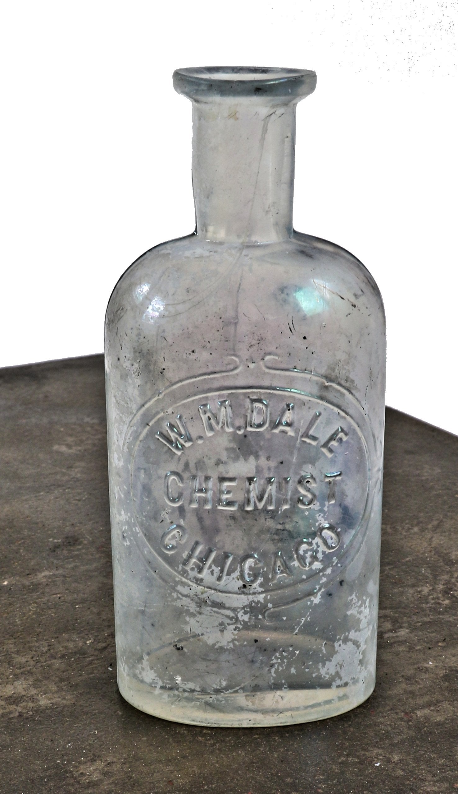 original and intact 19th century chicago privy dug colorless glass medicine bottle fabricated for chicago pharmacist william dale