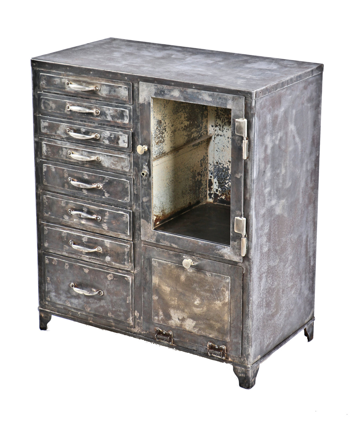robust early 20th century antique american medical cold-rolled steel hospital operating room instrument and/or supply cabinet with glass-paneled cabinet door