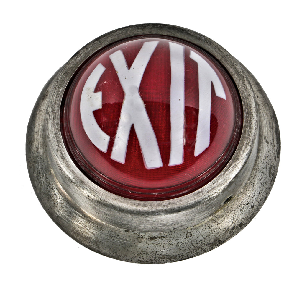 highly sought after c. 1930's antique american art deco style ruby red wall-mount exit light fixture with deeply incised letters highlighted with baked white paint