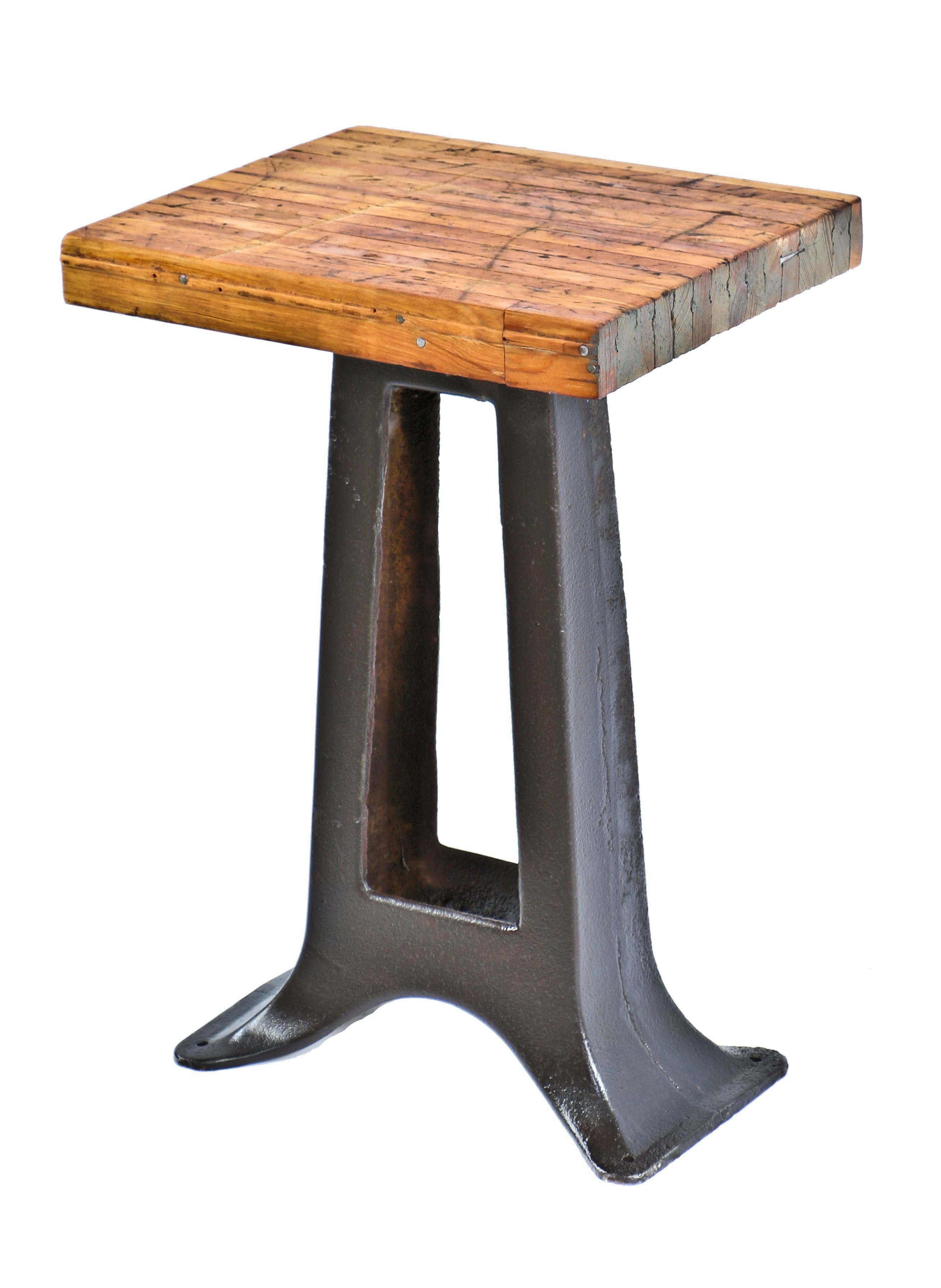 repurposed antique american industrial stationary side table with brushed metal machine base and newly added solid maple wood butcher block top