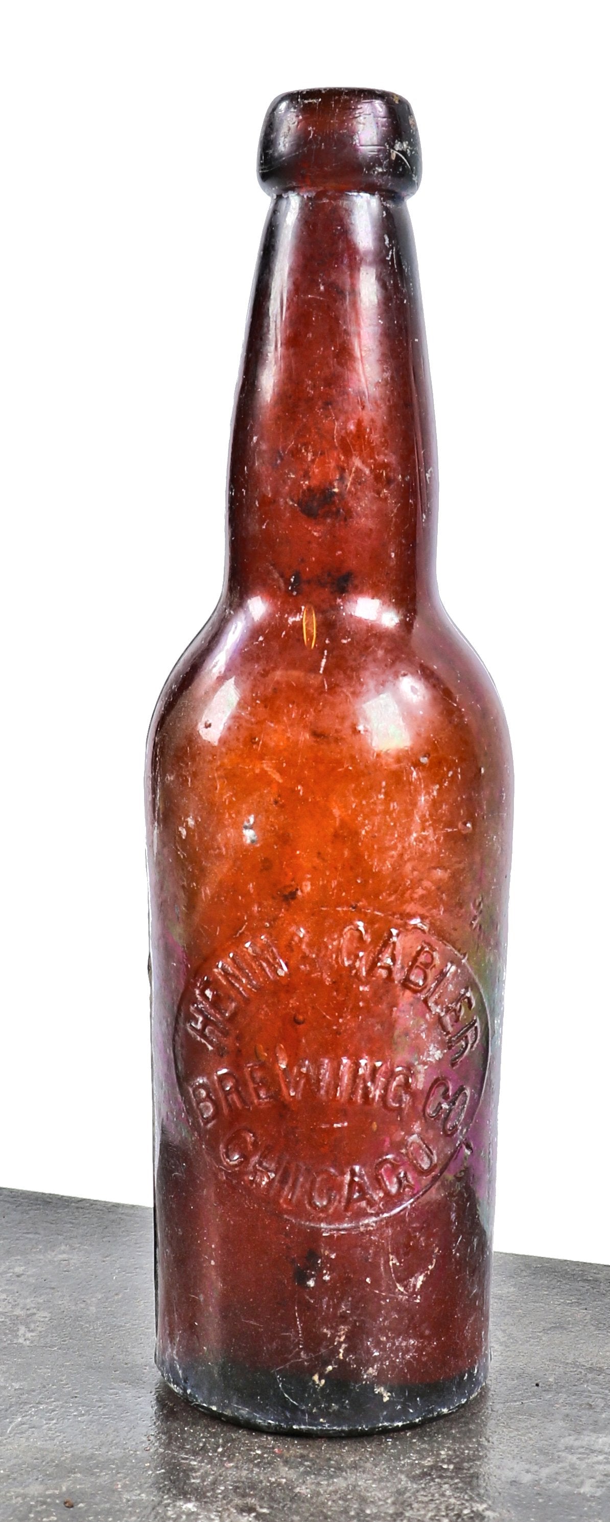 hard to find and intact all original c. 1888-1894 amber glass pint beer bottle manufactured for henn & gabler brewing company, chicago, il.