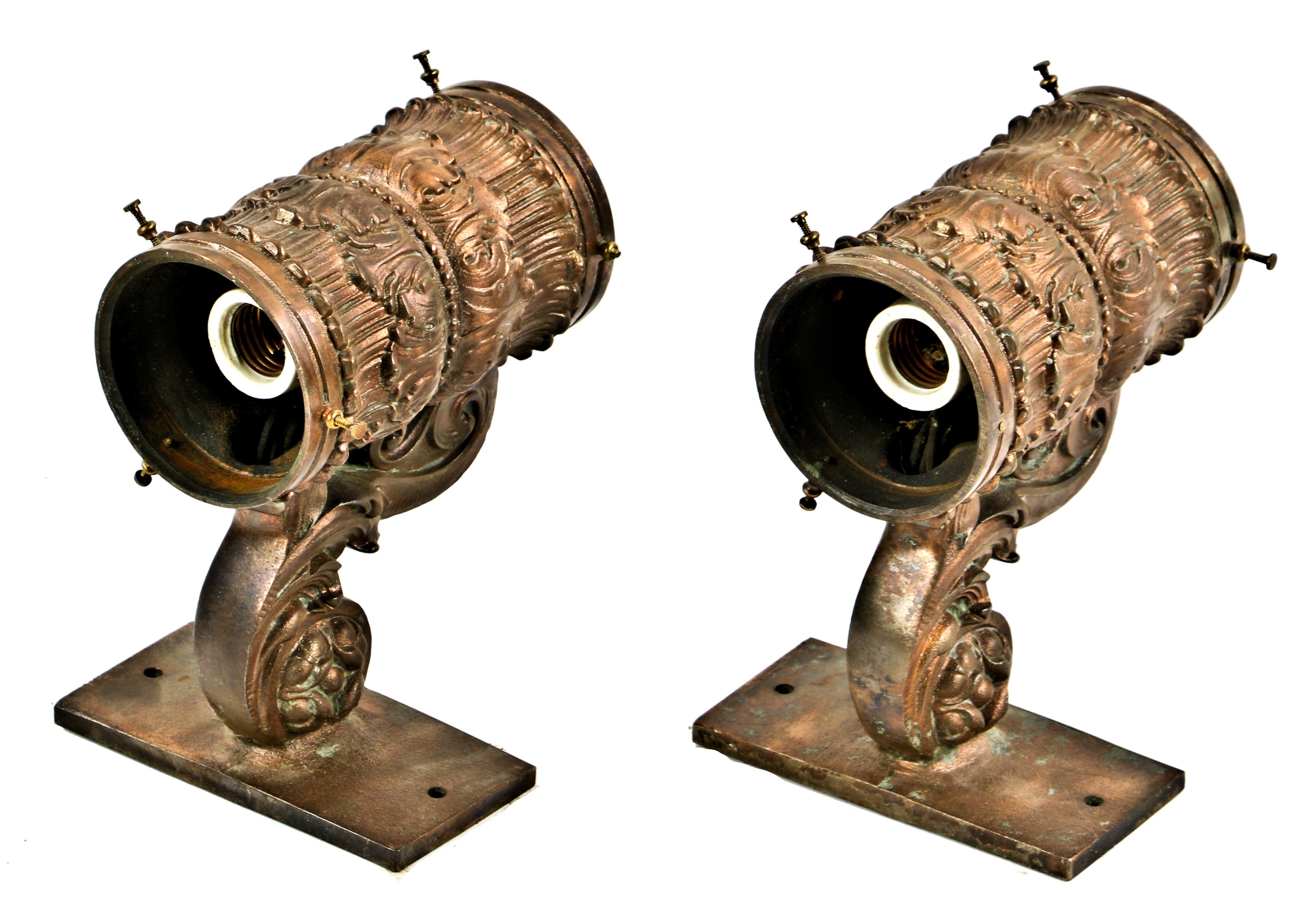 one of two original matching c. 1908 museum quality interior new york city singer building copper-plated ornamental elevator "lanterns" with curvaceous arms and backplates