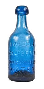 hard to find mid-1840's cobalt blue iron pontiled soda bottle with blobtop manufactured for new york bottler john tweddle jr.