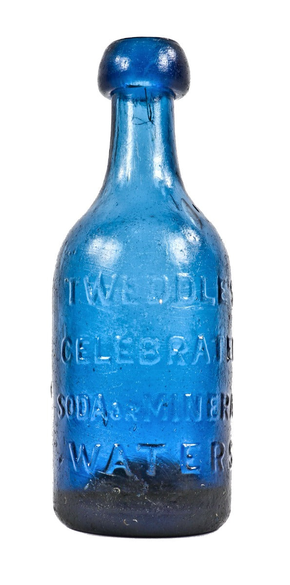 hard to find mid-1840's cobalt blue iron pontiled soda bottle with blobtop manufactured for new york bottler john tweddle jr.