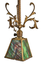 distinctive early 20th century all original and fully functional art glass hanging interior residential pendant light fixture with pyramidal-shaped slag glass shade