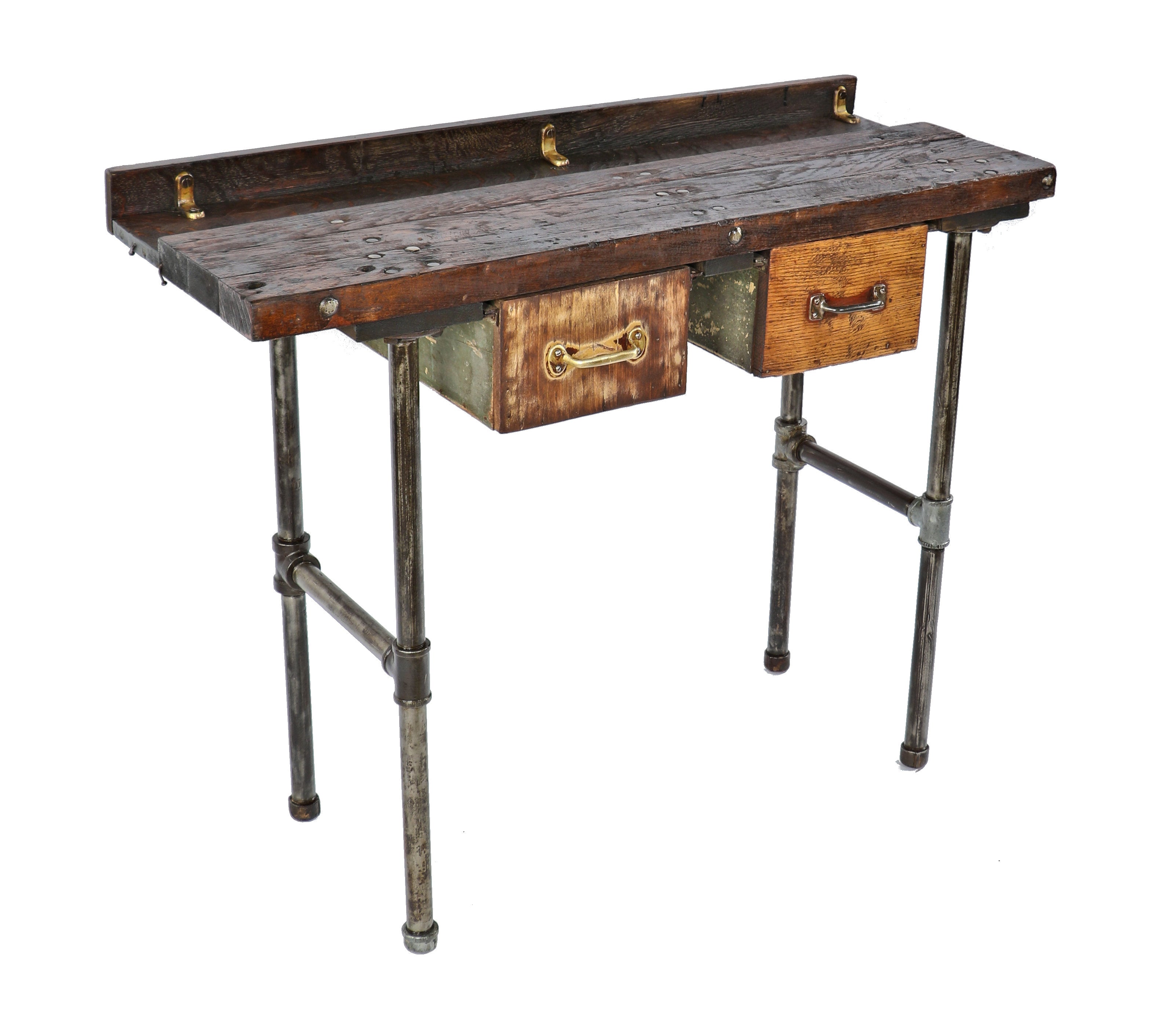 unique original early 20th century antique american industrial four-legged freestanding factory machine shop workbench with two oversized pull-out drawers