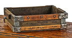 original and intact robust antique american industrial hardwood stackable tote or storage bin with heavy gauge steel corner guards