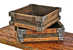 original and intact robust antique american industrial hardwood stackable tote or storage bin with heavy gauge steel corner guards