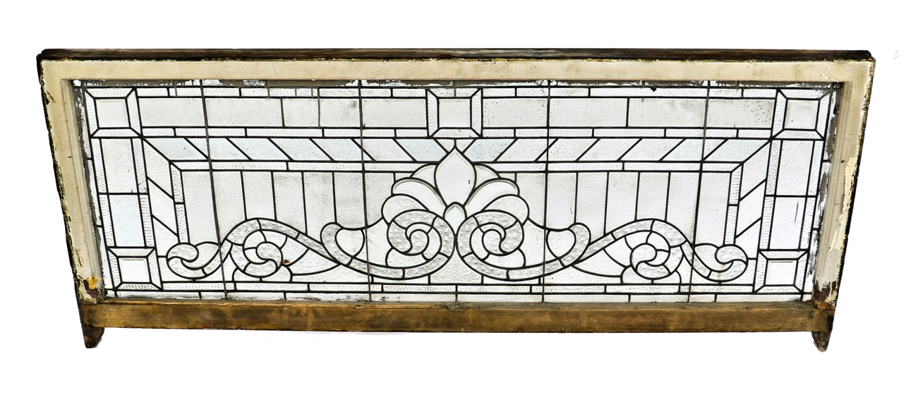 oversized late 1880's all original and intact antique american textured and beveled salvaged chicago residential transom leaded glass window with structurally sound wood sash frame