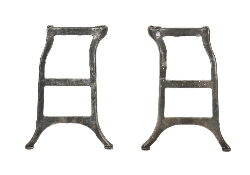 two matching all original early 20th century antique american refinished ornamental cast iron machine shop lathe bases with a mostly uniform surface finish