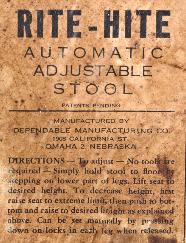 highly sought after fully functional antique american industrial "rite-hite" three-legged adjustable height factory machine shop stool with flared feet