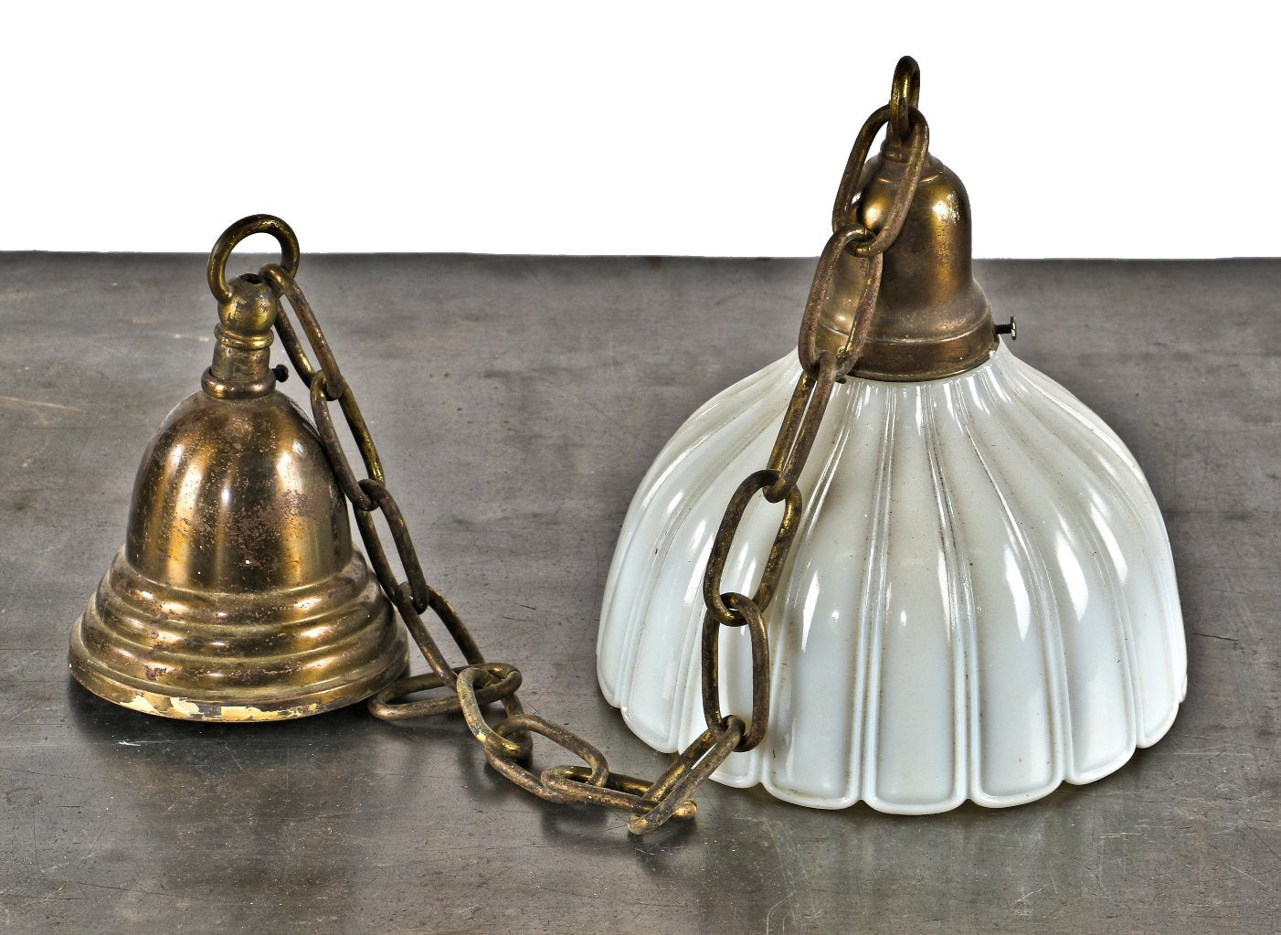 single early 20th century antique american bank building pendant light fixture featuring a dome-shaped pressed white opalescent glass shade