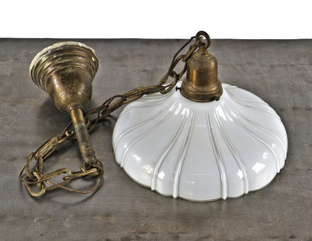 one of two matching all original antique american c. 1900's single electric utility pendant light fixture with white opalescent grooved shade
