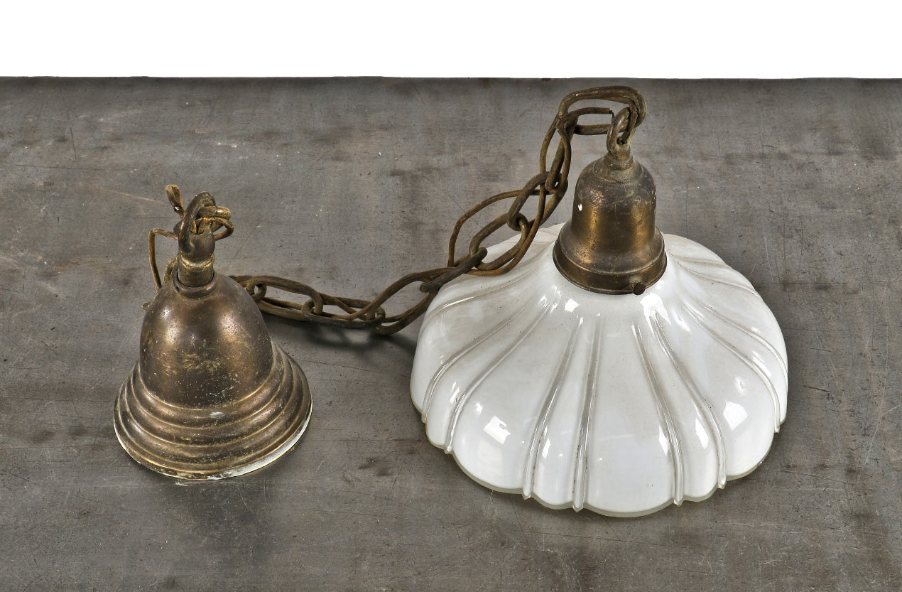 single original and intact antique american industrial utility closet electric pendant light fixture with fluted white opalescent glass shade