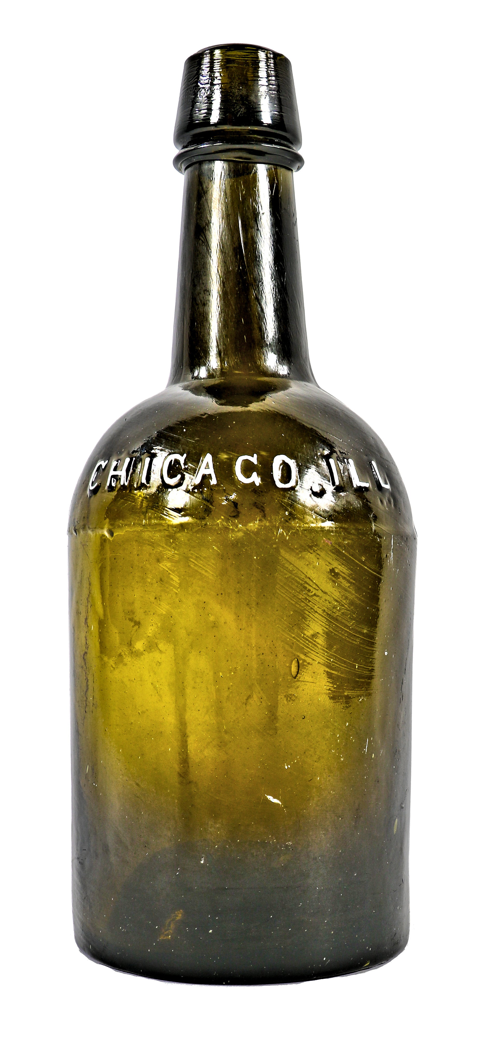 exceptionally rare all original olive green color c. 1860 pre-civil war unearthed chicago michael keeley ale bottle with smooth base and sloping and tapered lip with single ring