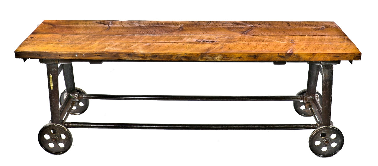 highly sought after original and fully functional repurposed boiler factory machine shop long and narrow cast iron base with intact perforated iron wheels