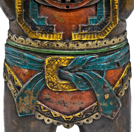 all original c. 1930's polychrome enameled ornamental cast iron mayan revival indian mask motif fisher theater interior illuminated seat end with glass jewels