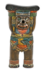 all original c. 1930's polychrome enameled ornamental cast iron mayan revival indian mask motif fisher theater interior illuminated seat end with glass jewels