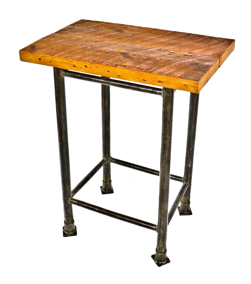 repurposed freestanding robust welded joint four-legged antique american milwaukee factory machine shop side table or work stand with newly added pine wood top