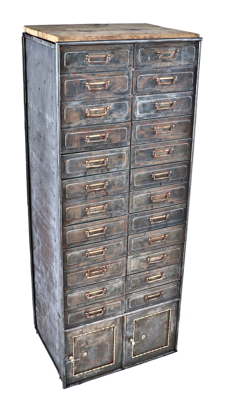 refinished early 20th century antique american industrial "fire-proof" pressed and folded cold-rolled steel freestanding cook county hospital multi-drawer cabinet with original brass pulls