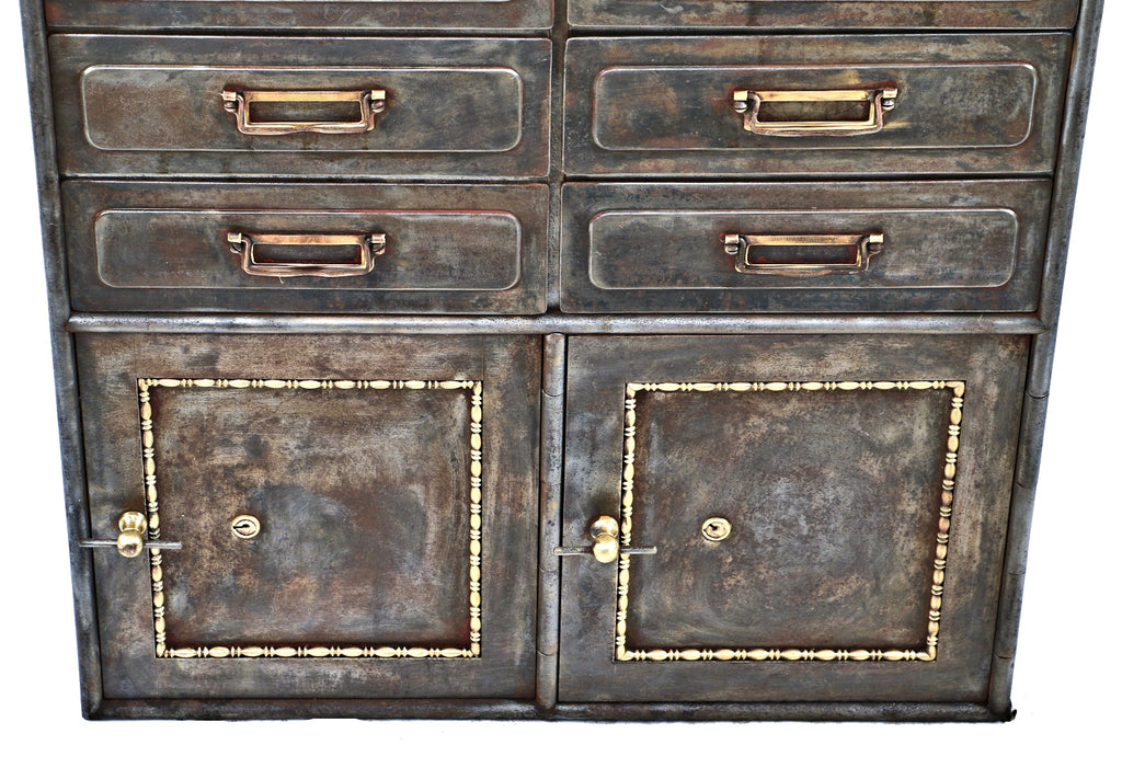 refinished early 20th century antique american industrial "fire-proof" pressed and folded cold-rolled steel freestanding cook county hospital multi-drawer cabinet with original brass pulls