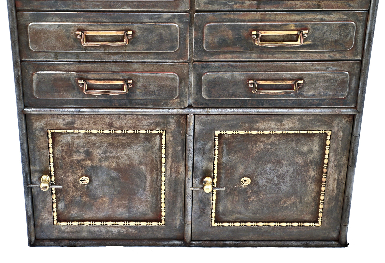refinished early 20th century antique american industrial "fire-proof" pressed and folded cold-rolled steel freestanding cook county hospital multi-drawer cabinet with original brass pulls