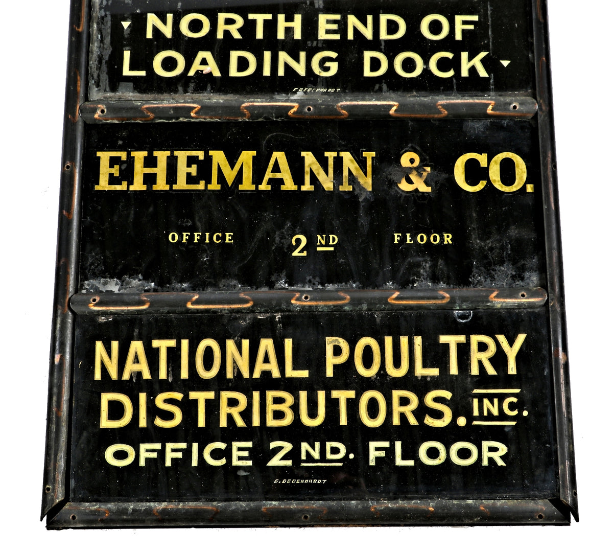 rare one of a kind depression era fulton market cold storage building single-sided reverse painted glass business lobby directory