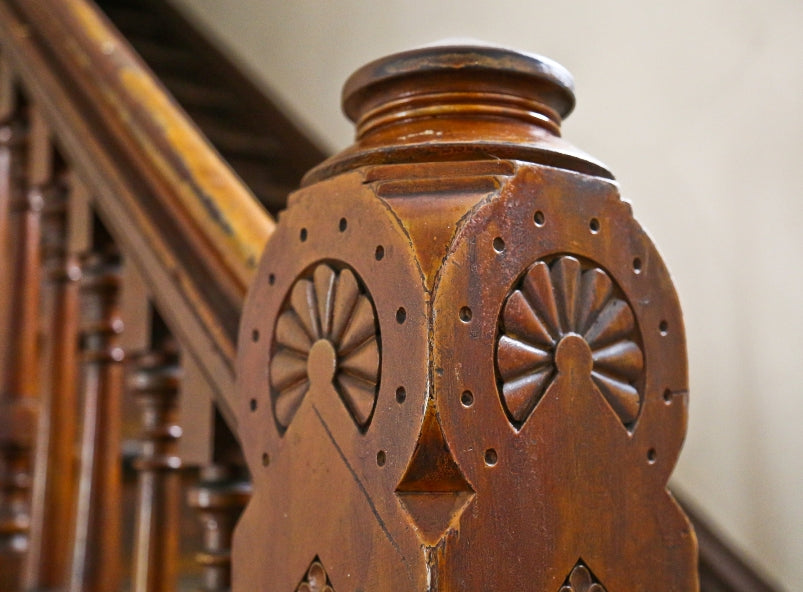 original and intact c. 1880's antique american salvaged chicago interior residential varnished oak wood eastlake style staircase with fanciful spindles