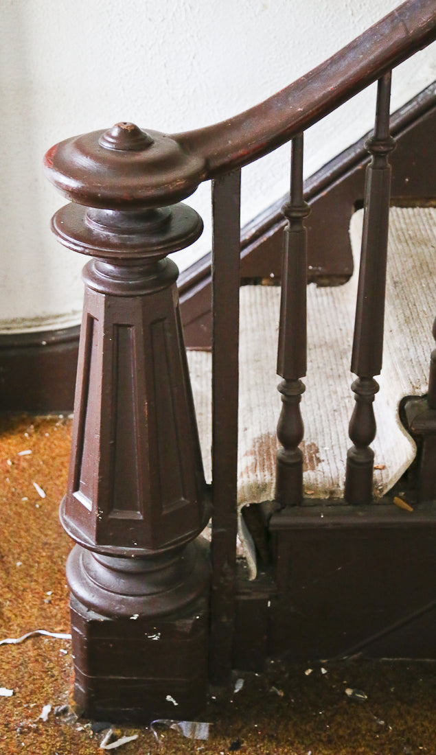 original c. 1874 solid walnut wood interior residential salvaged chicago multi-faceted staircase newel post with deeply recessed panel and flat circular-shaped top