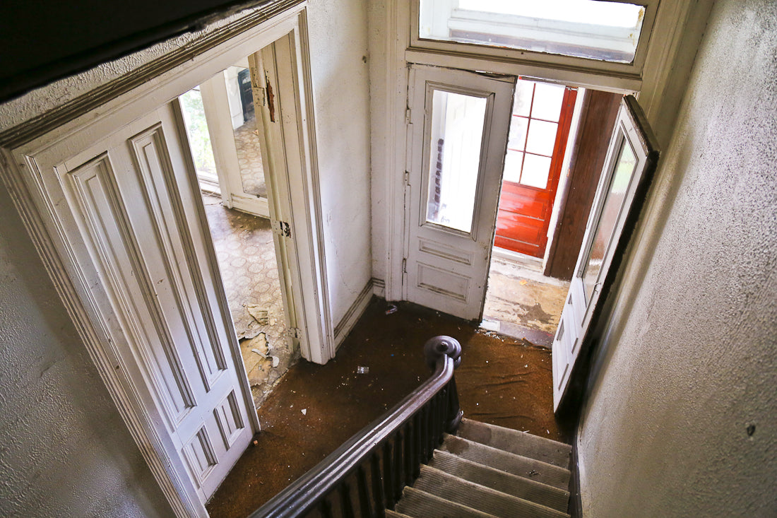 original c. 1874 solid walnut wood interior residential salvaged chicago multi-faceted staircase newel post with deeply recessed panel and flat circular-shaped top