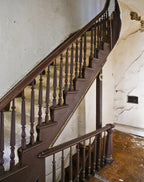 original c. 1874 solid walnut wood interior residential salvaged chicago multi-faceted staircase newel post with deeply recessed panel and flat circular-shaped top
