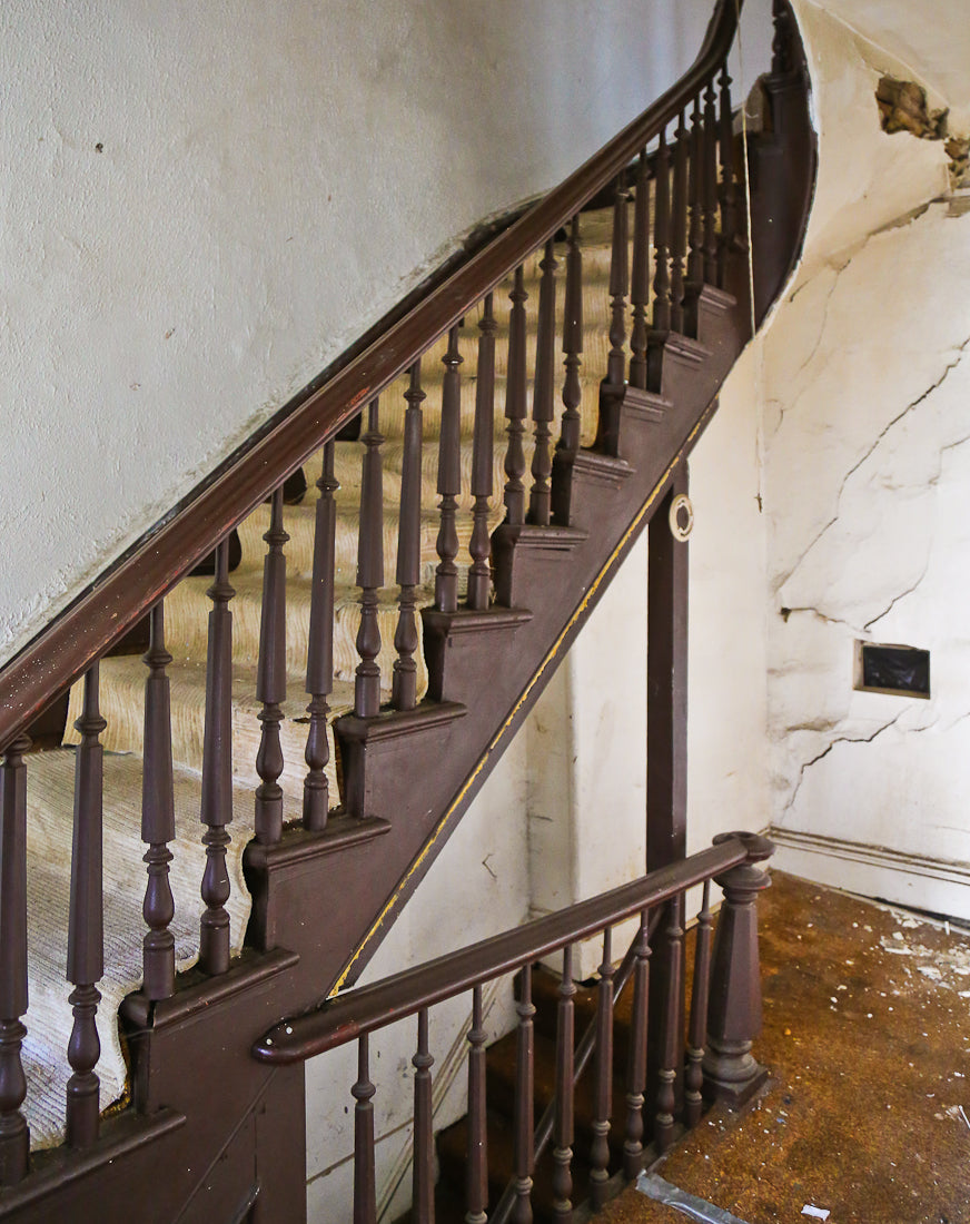 original c. 1874 solid walnut wood interior residential salvaged chicago multi-faceted staircase newel post with deeply recessed panel and flat circular-shaped top