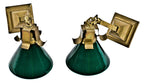 matching set of all original early 20th century antique american craftsman style yellow brass and cased green shade wall scones or pendant lights