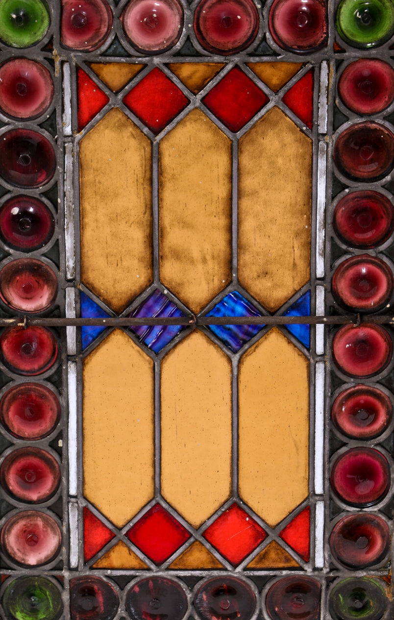 original c. 1880's antique american salvaged chicago interior residential stained glass window with richly colored pontiled rondels and intact wood window sash frame