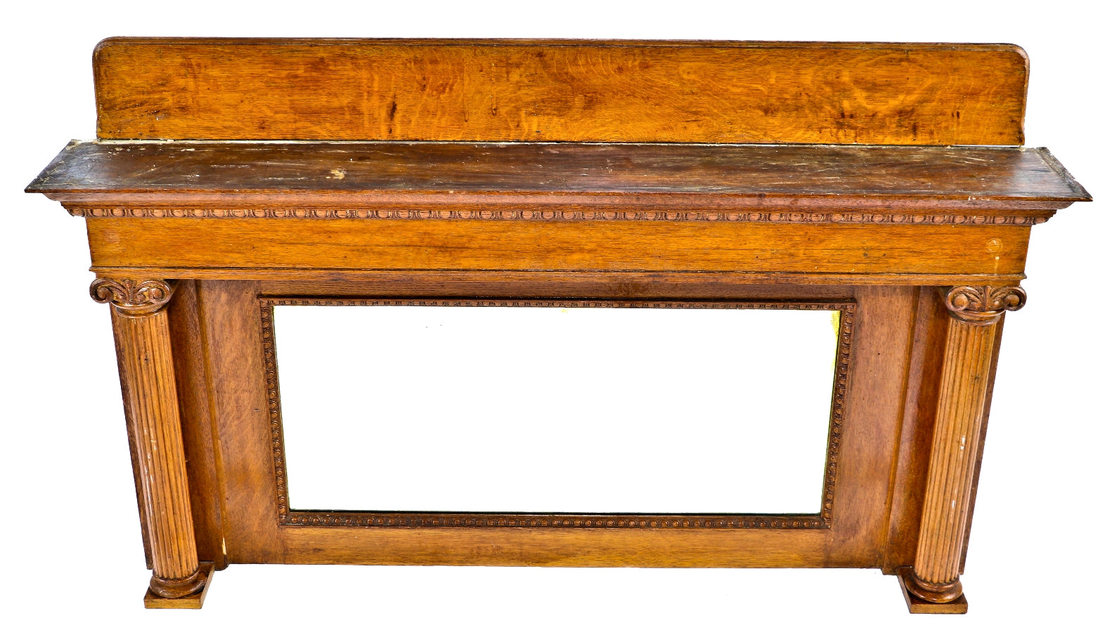 original late 19th century all original salvaged chicago quartered oak wood fireplace over-mantel with beveled mirror and opposed solid oak wood fluted columns