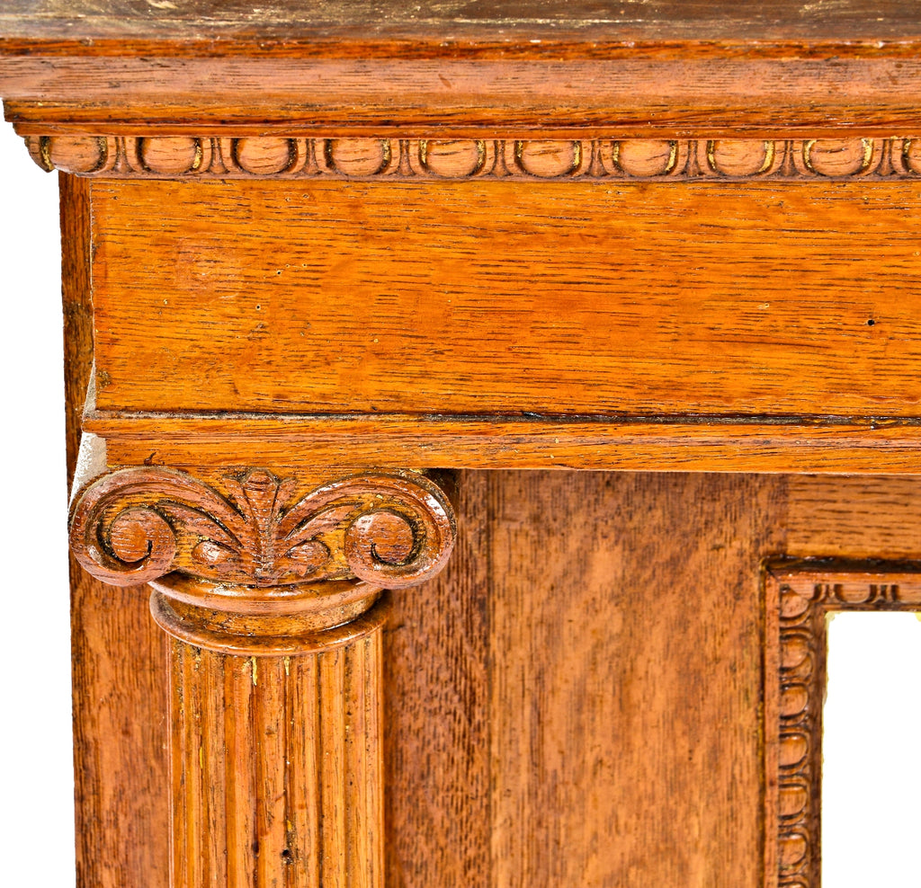 original late 19th century all original salvaged chicago quartered oak wood fireplace over-mantel with beveled mirror and opposed solid oak wood fluted columns