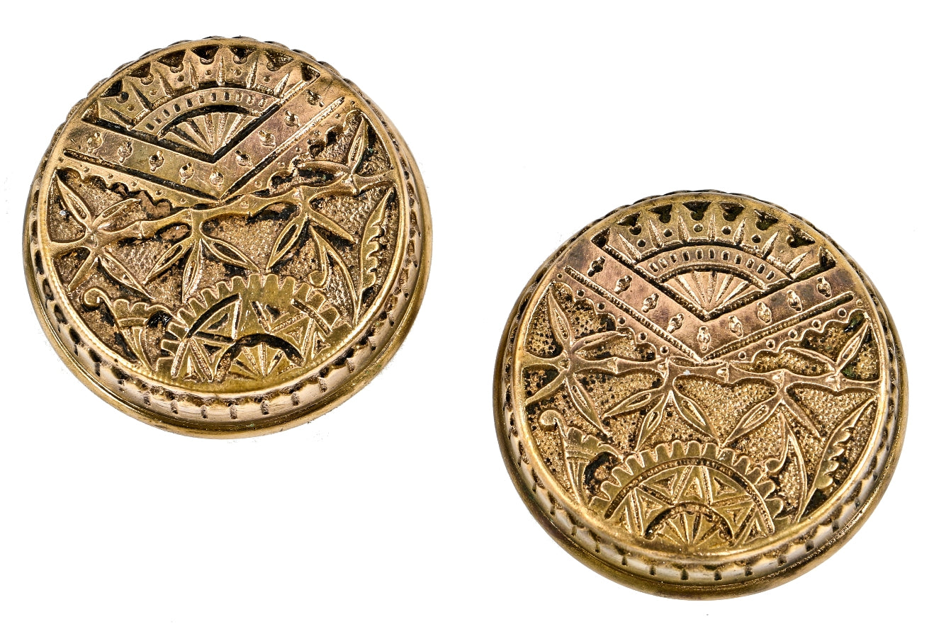 two matching cast brass antique american c. 1880's aesthetic movement drum-shaped "oriental" pattern doorknobs with picket fence borders