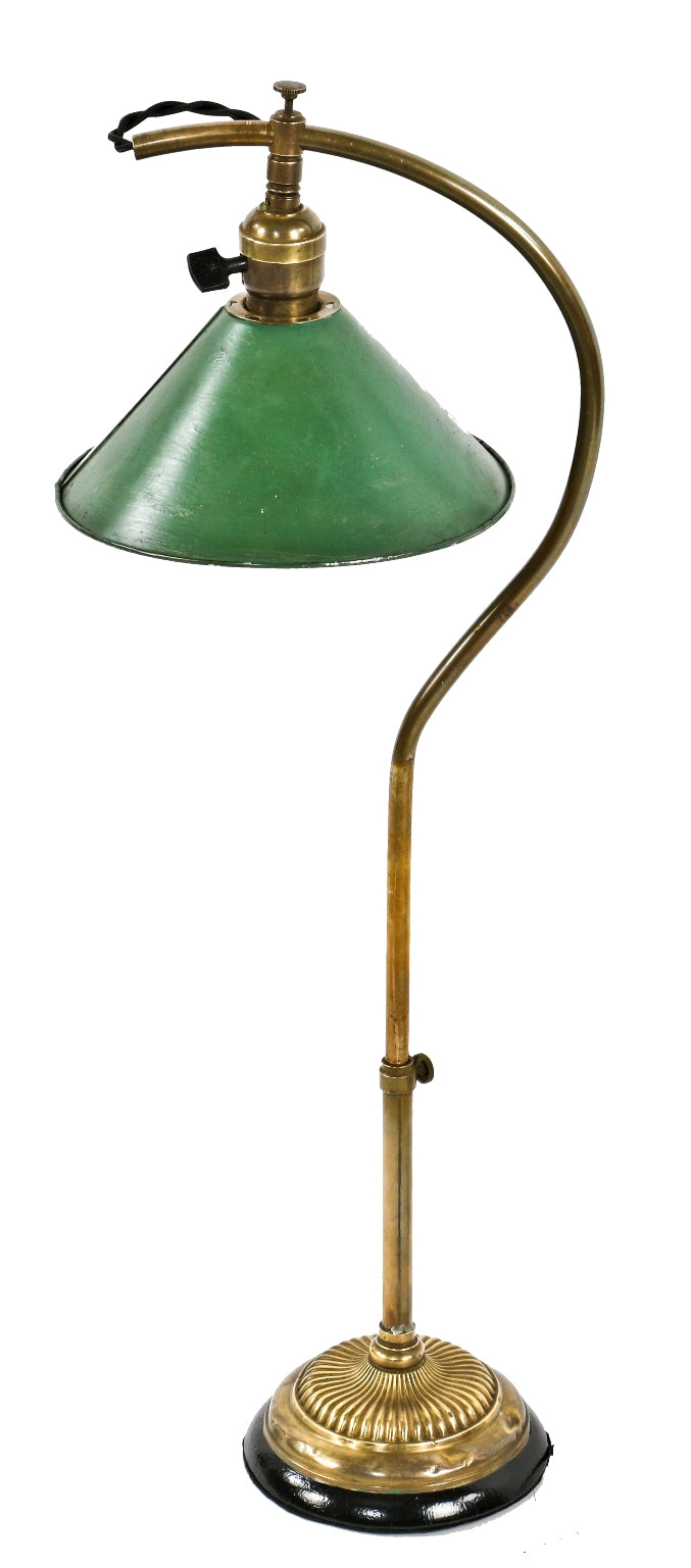 rewired early 20th century antique american industrial fully adjustable tubular brass "c-arm" faries table or desk lamp with detachable conical reflector