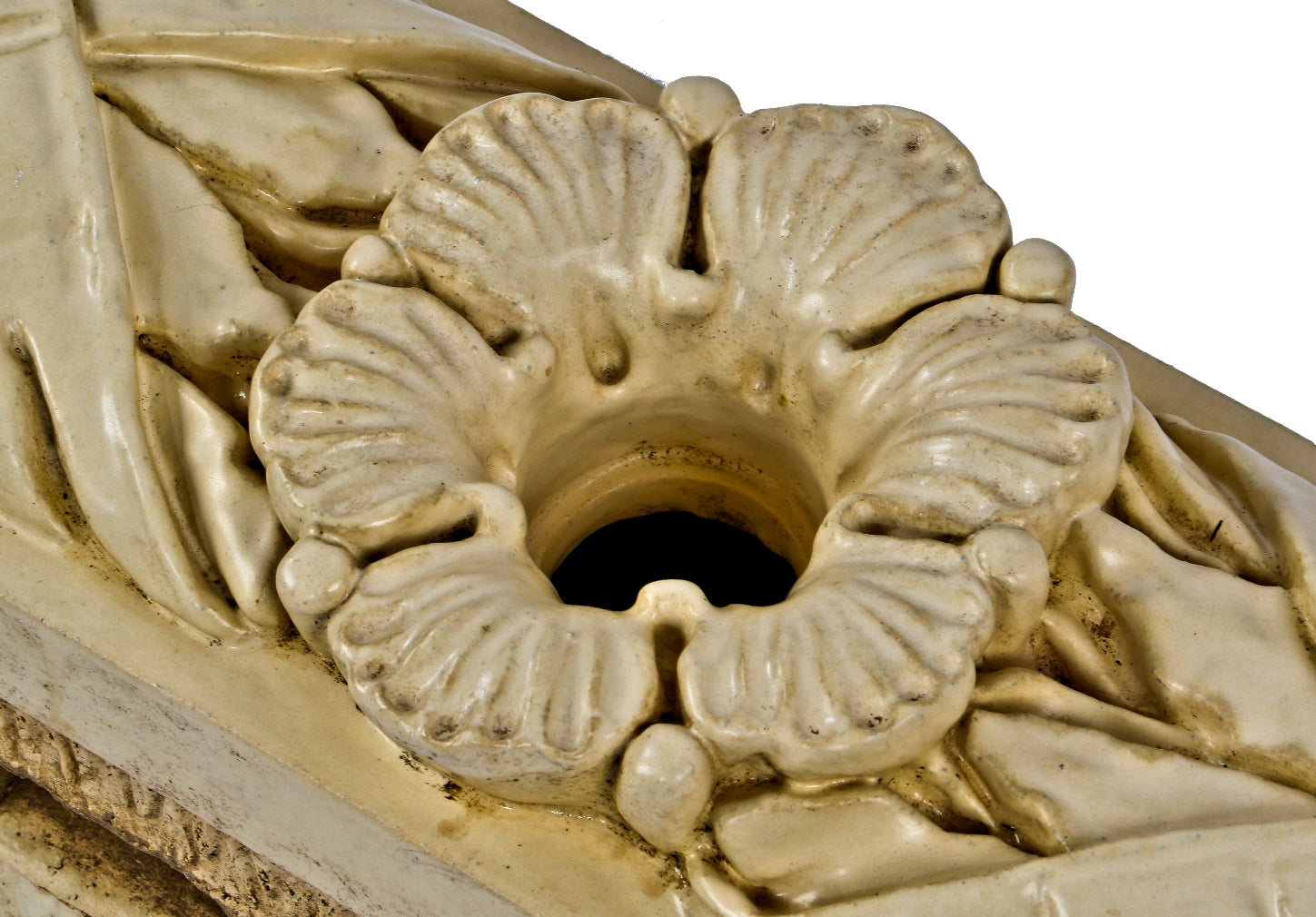 all original and intact "old ivory" glazed exterior historically important chicago theater terra cotta panels with centrally located opening for light bulb
