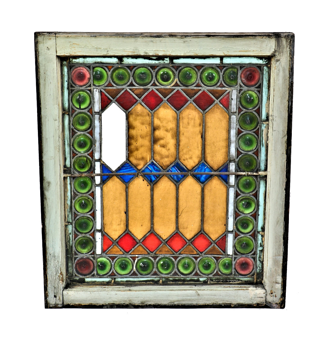 c. 1885-1886 all original and largely intact brightly colored salvaged chicago german meeting hall art glass bay window with rondel glass borders